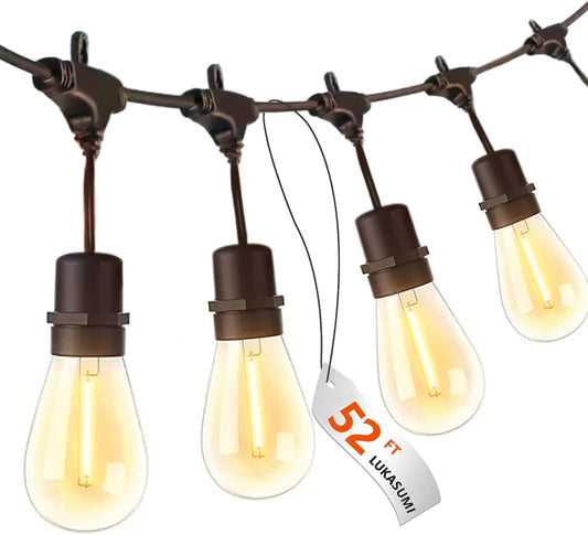52 Ft LED Outdoor String Lights, Connectable Patio With 15Pcs Waterproof Vintage Edison Bulbs for Backyard, Balcony, Bistro Camping Outdoor Lighting